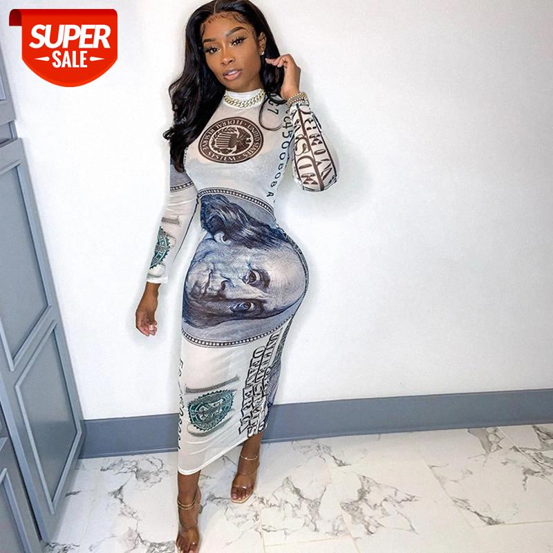 

hirigin Women Dollar Printed Mesh Long Dress Sexy Mesh Sheer See through Round Neck Dress Spring Autumn Fashion Dresses Outfit #0f9z, Black;gray