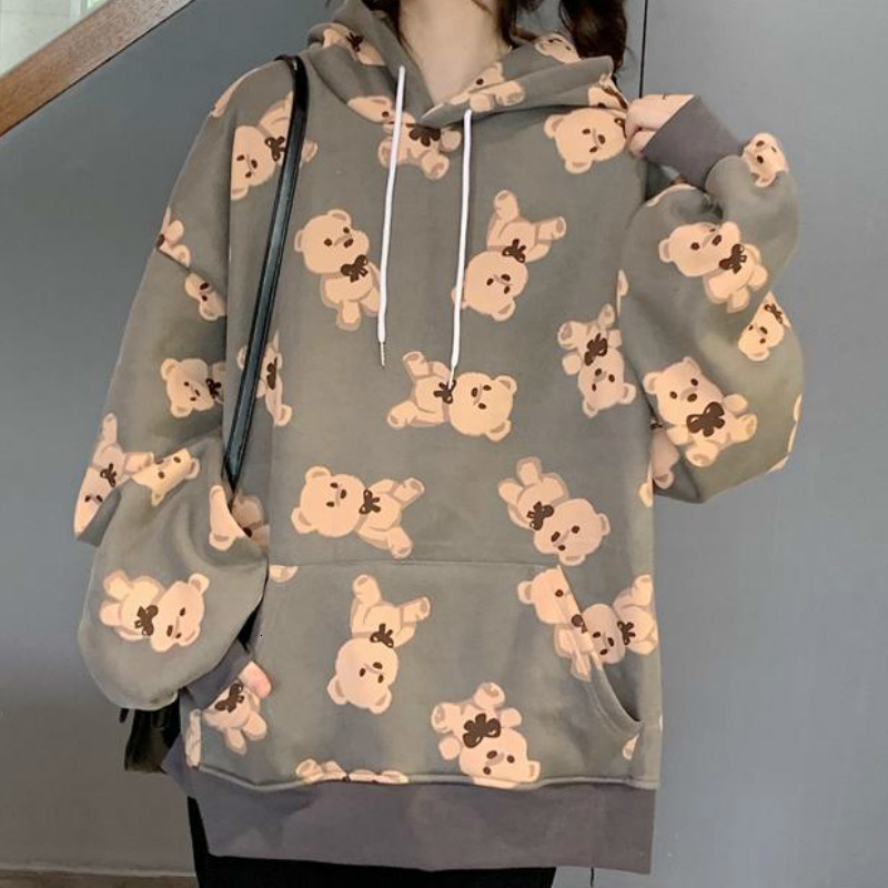 

2021 New Deeptown Estilo Coreano Camisola Feminina Inverno Moda Kawaii Hoodies Manga Longa Topos Quente Veludo Bonito Urso Impresso Puloer 9, Apricot