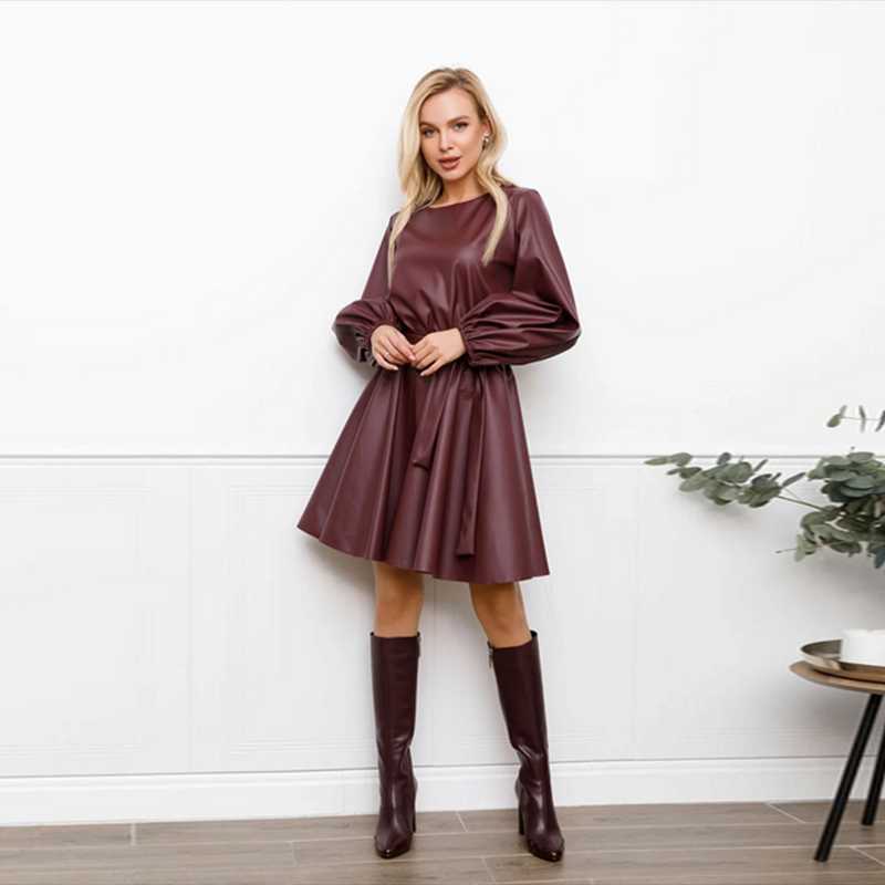 

Casual Dresses A-Line Sashes Dress Women Lantern Sleeve O Neck Vintage Burgundy Pu Midi Daily Office Lady Arrival 2021 Autumn, Black;gray