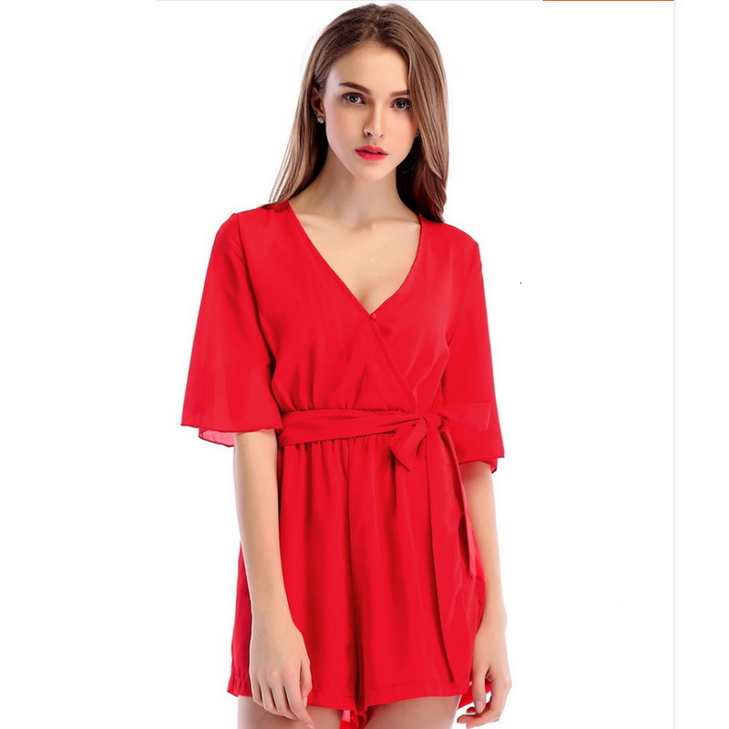 

2021 New Summer v Neck Close Casual Solid Color Sexy Chiffon with Sashes Elegance Women Jumpsuit 669q, 04