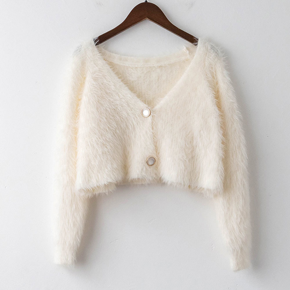 

2021 New Korean Style Mohair Knitted Jackets Women Elegant v Neck Cardigan Sweater Autumn Long Sleeve Cropped Coats Uvu7, As photo