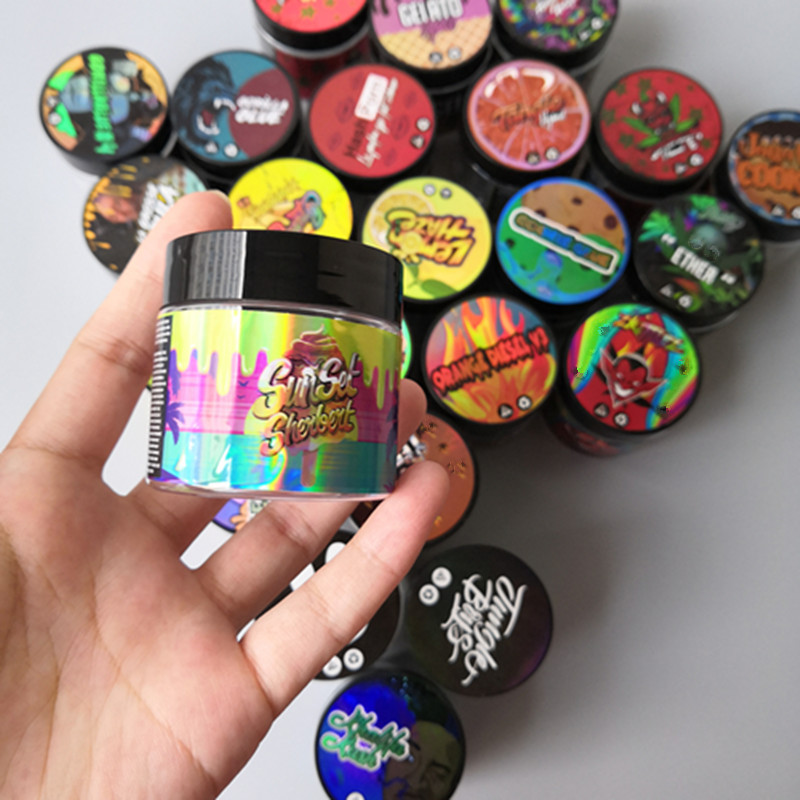 

24 flavors Hologram Sticker with 3.5 gram 60ml Thin Mint Cookies plastic jar tank dry herb flower Container with Flavor Stickers