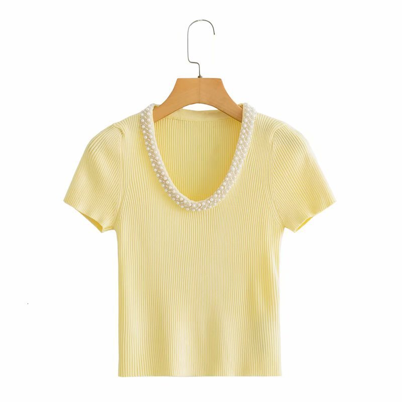 

t shirt 2021 summer women's artificial pearl trim solid color knitting top, White
