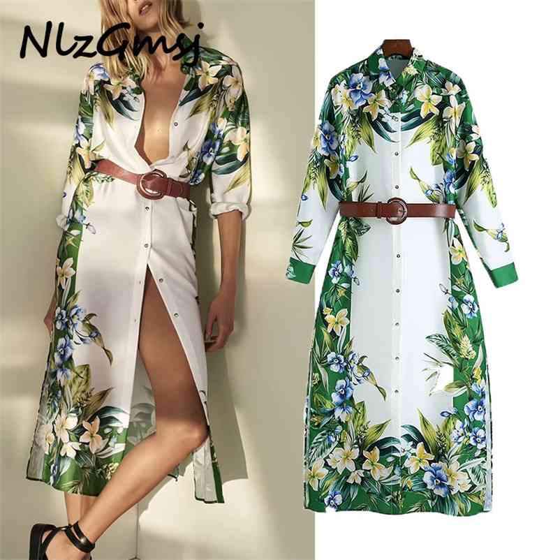 

Dres Summer Print With Belt Shirt Midi Woman Elegant Robe Long Sleeve Button Casual es 03 210628, As picture