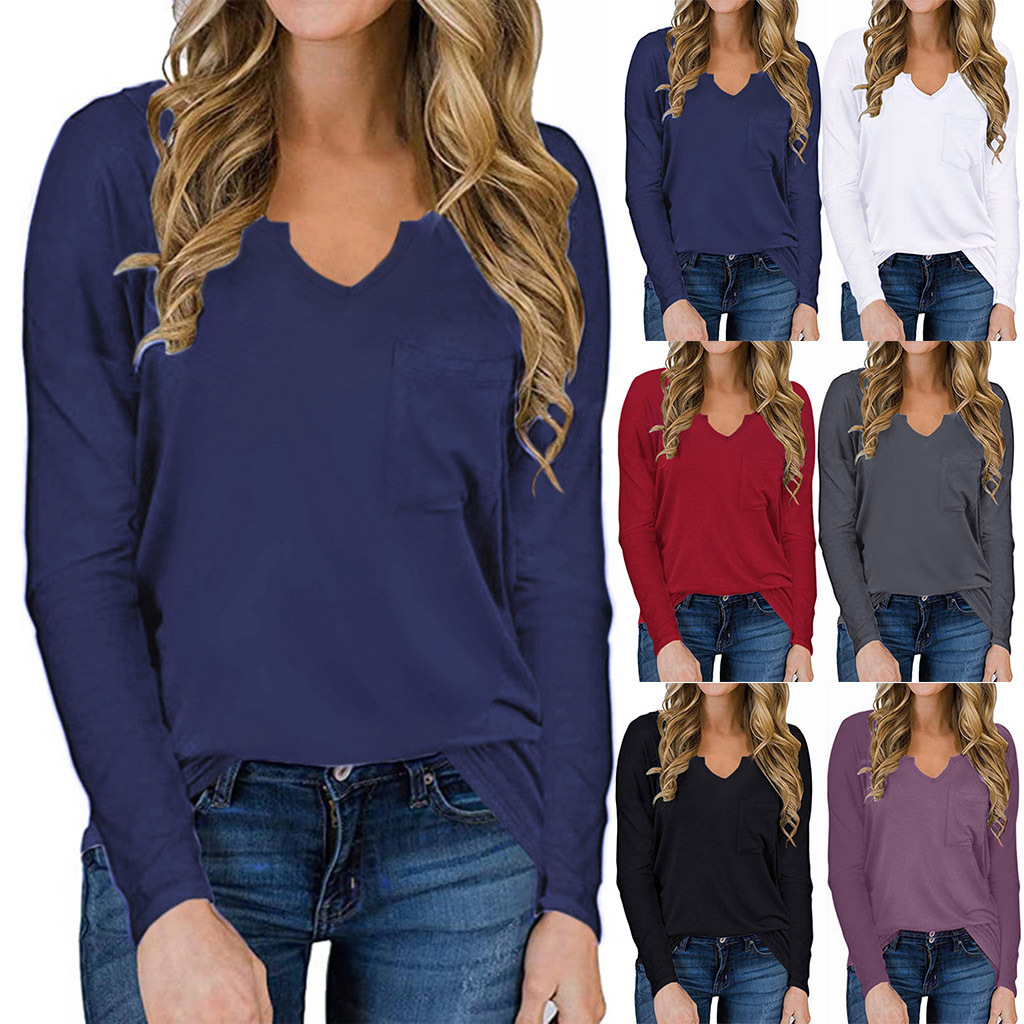 

2021 women's solid color long sve v-neck pocket cotton t-shirt women's wear, White