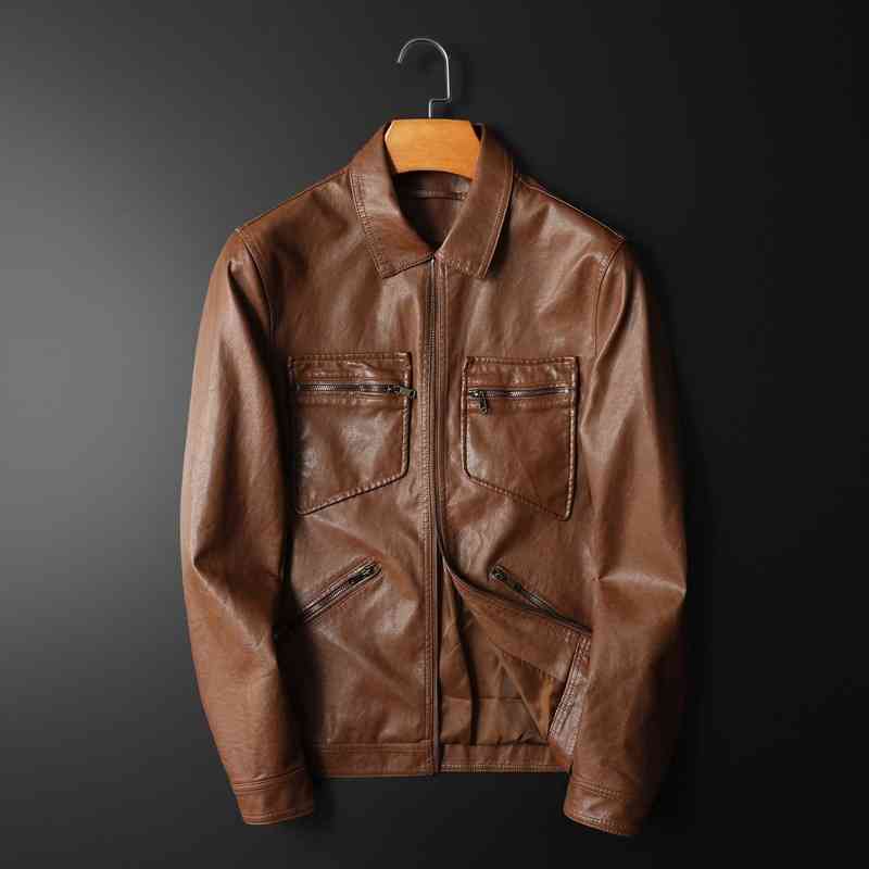 

Men's Jackets spring and autumn Jacket Lapel motorcycle leather jacket slim fit fashion men's P2GN, Yellow