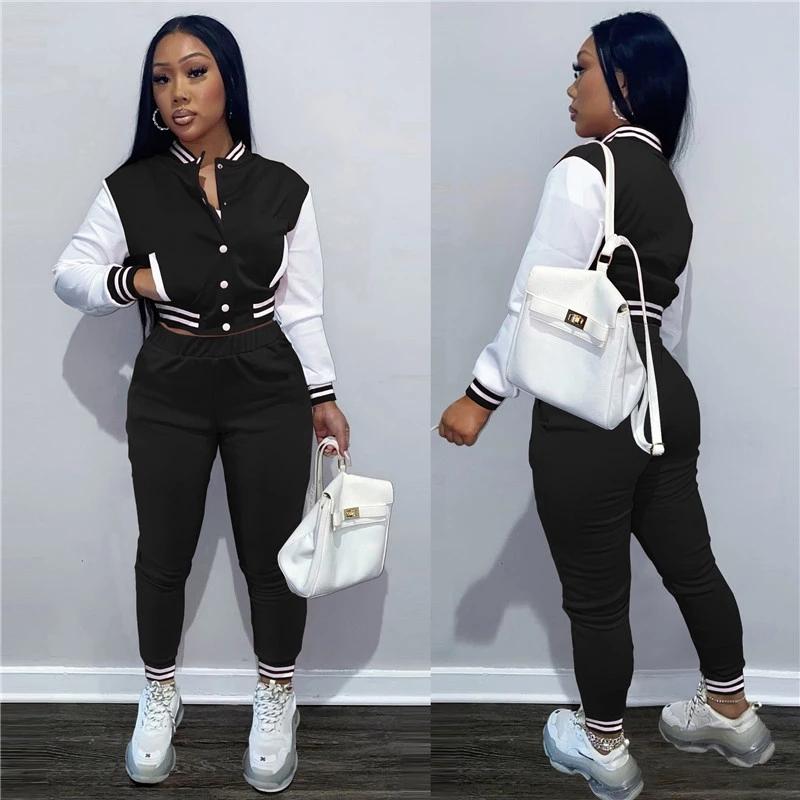 

Women's Two Piece Pants 2 Set Women Tracksuit Spring Autumn Clothes Baseball Uniform Full Sleeve Top Long Casual Outfits Abbigliamento Donna, White