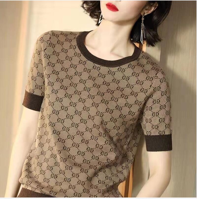 

Women's Knits new temperament round collar Tees stripe color short-sleeved tight blouse Shirt Women Sweater 2022GG, White
