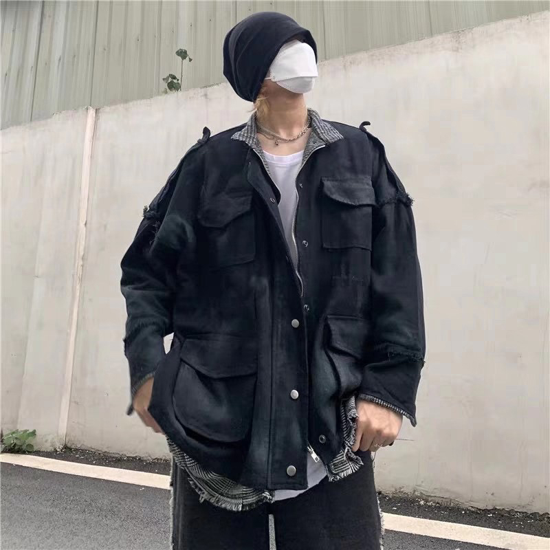 

2021 New High Street Fake Two-piece Graffiti Tie-dye Loose Coat Men and Women Oversize Stand Casual Windbreaker Bomber Jacket Dkif, Khaki