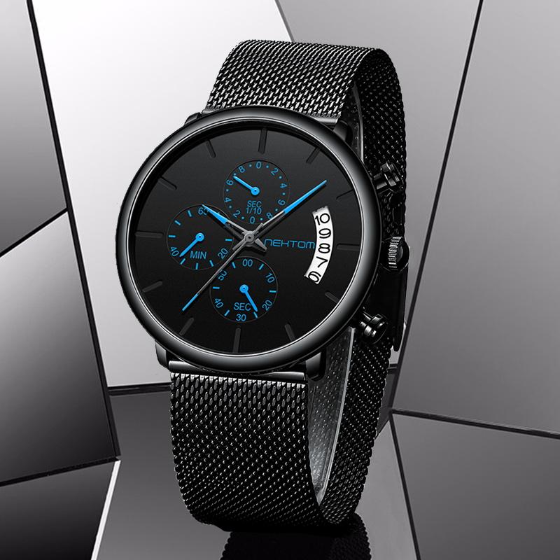 

Wristwatches NEKTOM Men's Watches Quartz Watch Waterproof Mesh Strap Wristwatch For Men Clock Mens Man Sports Relojes, Black