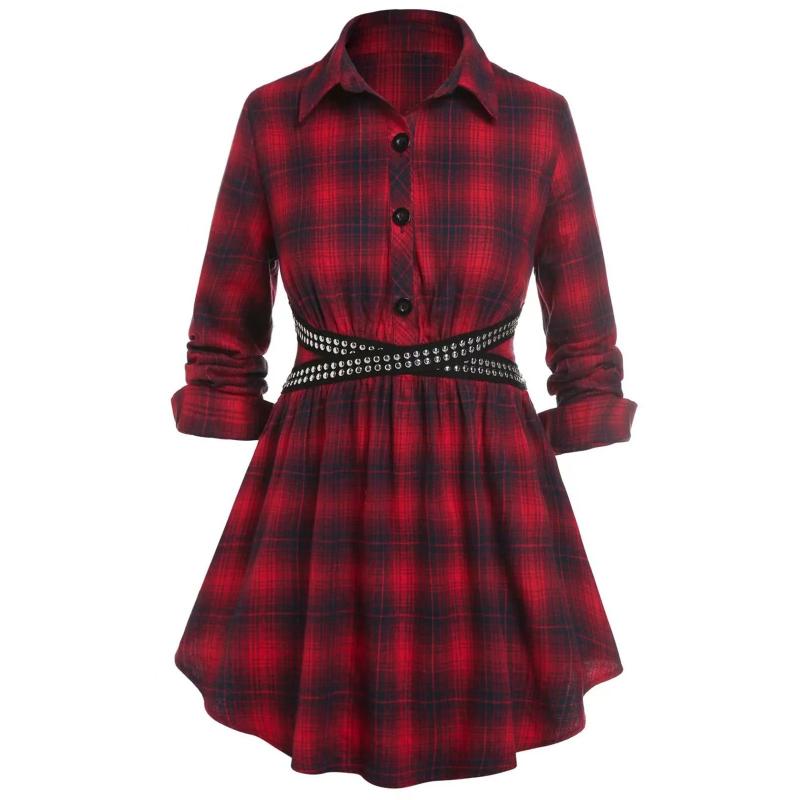 

Casual Dresses Fashion Women's Dress Elegant Turn Down Button Up Long Sleeve Midi For Women Vintage Retro Plaid With Sashes Robes, Black;gray