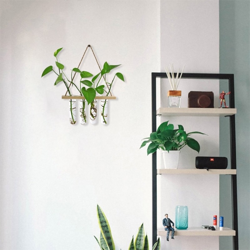 

Wall Hanging Glass Terrarium Air Planter Holder Plant Hanger Flower Vase with Wooden Frame 4 Test Tubes for Propagation
