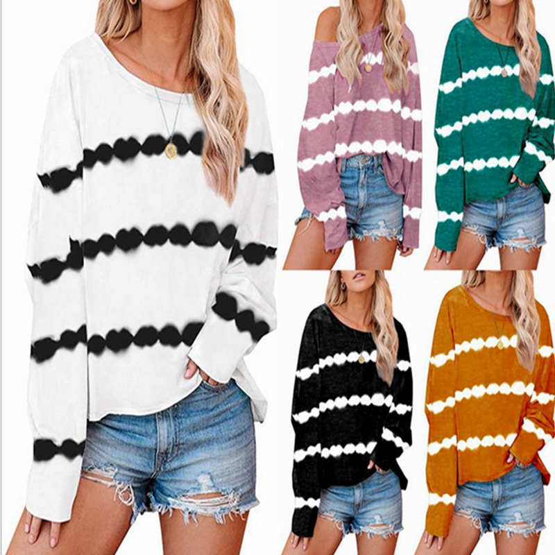 Sweats à capuche pour femmes Sweats 2022 nouveau style tie-dye rayure impression ample col rond à manches longues T-shirt pull