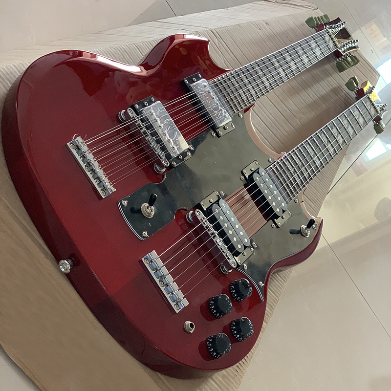 

EDS 1275 Jimmy Page Led Zeppeli Wine Red Double Neck SG Electric Guitar 12+6 Strings, Claw Tailpiece, Split Parallelogram Inlays, Tuilp Tuners, Black Pickguard