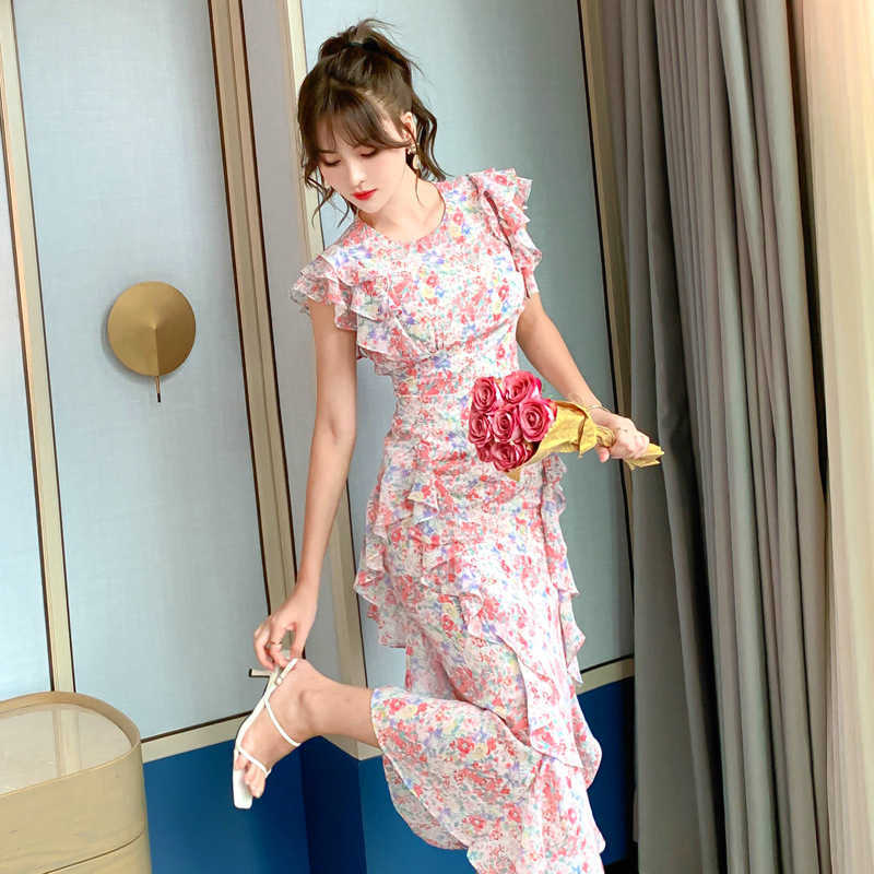 

Floral summer European style chiffon fishtail ruffled dress Office Lady Polyester Sleeveless 210603, Mixed