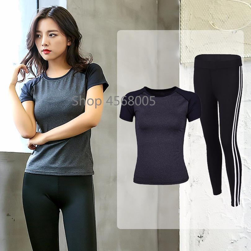 

2021New women' 2-piece Yoga suit female designer fitness tight suit with pants fitness exercise Yoga Pants slim elastic2021, Gray t-shirt