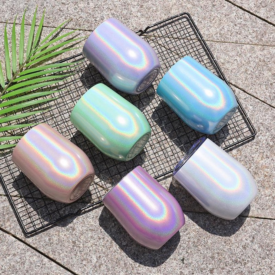 

12oz Glitter Tumbler Coffee Mug with Lid Stainless Steel Iridecent Wine Cups Egg Shape Insulate Bottle fy4743, Multi-color