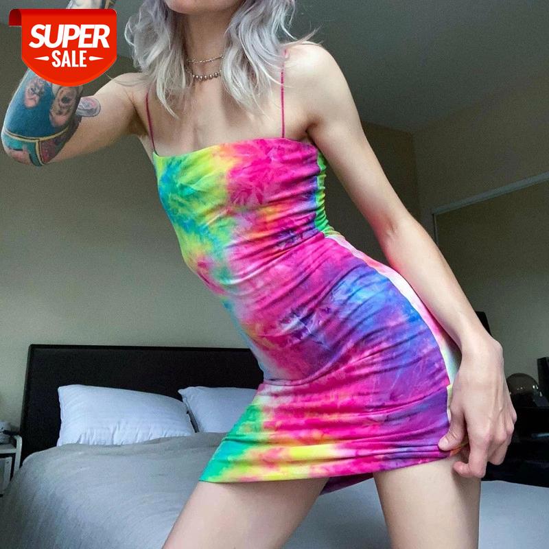 

Sleeveless Square Neck Strap Dress Tie Dyeing Print Clothes Bodycon Suspender Dress Colorful New Sexy Women Summer Sling #JE4C, Black;gray