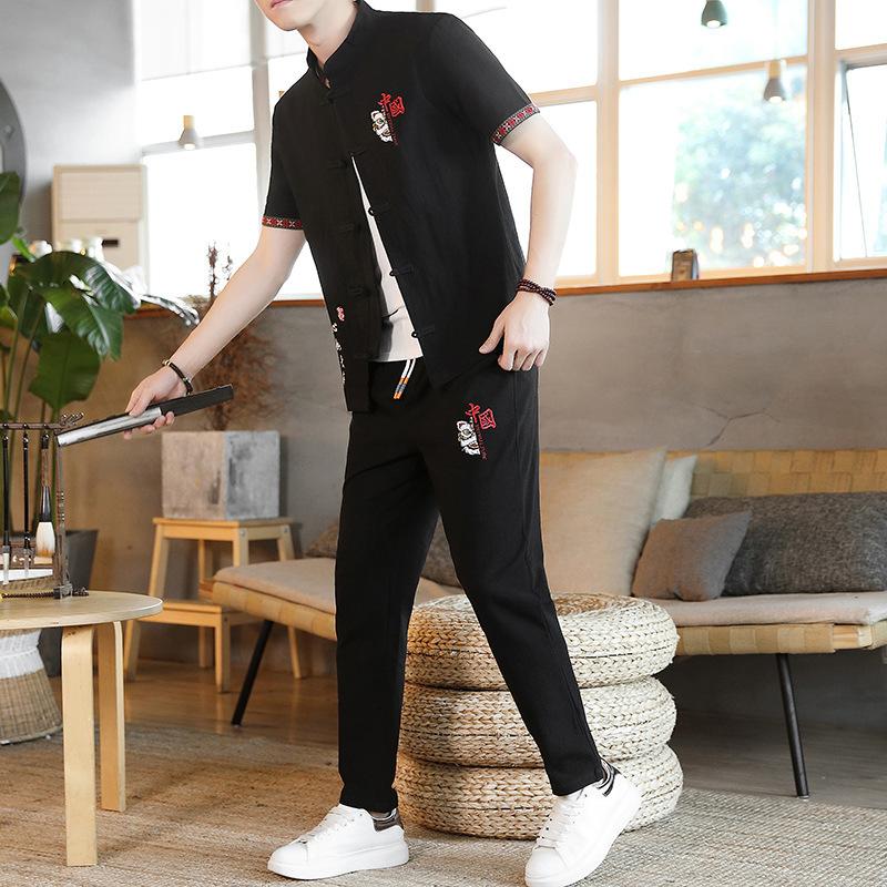 

Men's Tracksuits 2021 Summer Short-sleeved T-shirt Two-piece Hanfu Linen Chinese Style Cotton Suit Tang Retro, Beige