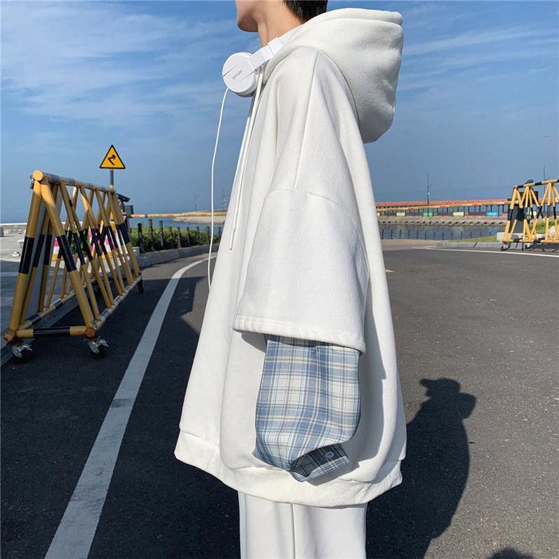 

Men' Hoodies & Sweatshirts White Patchwork Sweatshirt Boys Pullover Plaid Hoodie Casual Long Sleeve Loose Harajuku High Street Tops Streetw