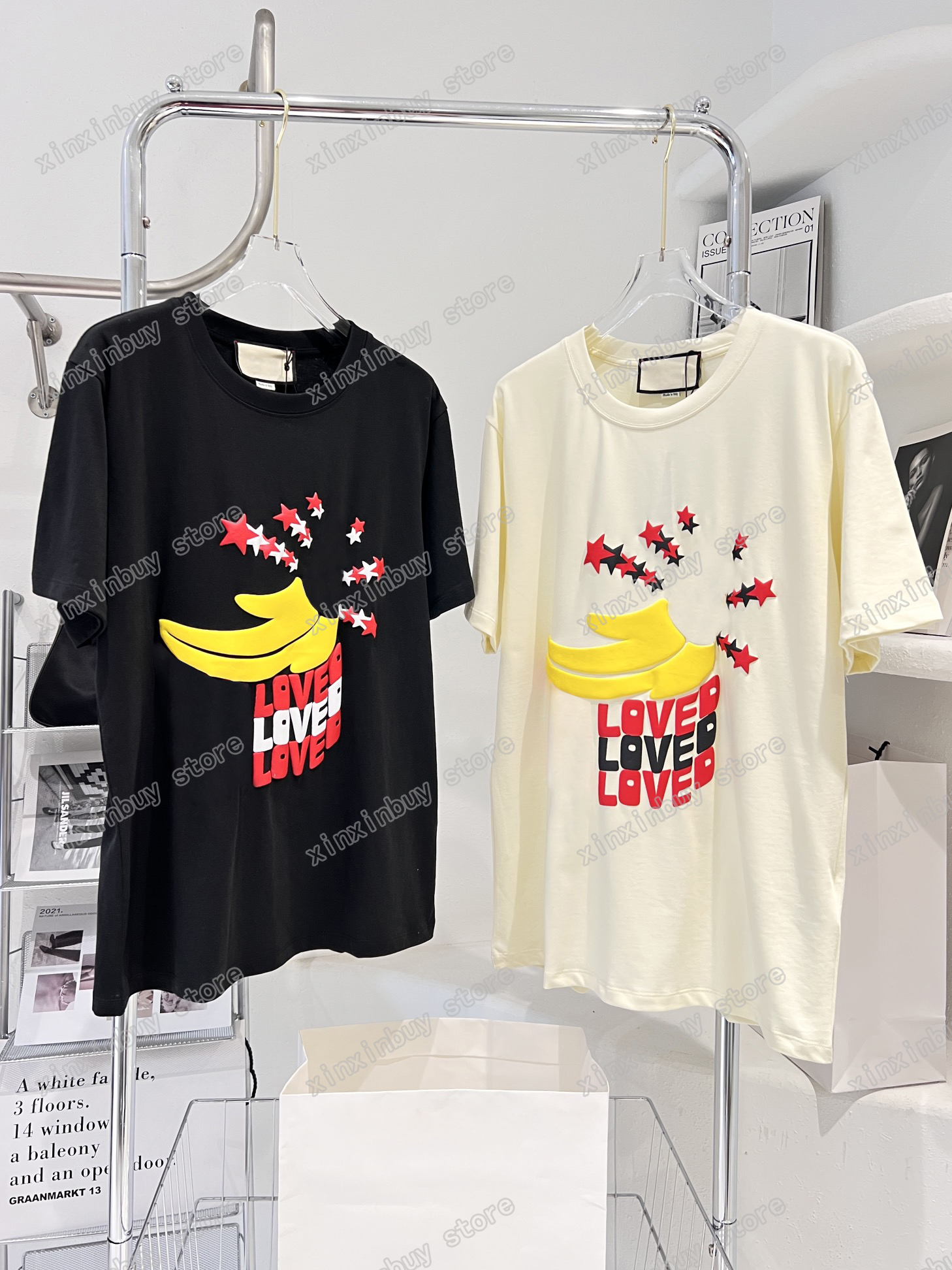 

22ss Men Women Designers T-Shirts tee Banana LOVED print short sleeve Man Crew Neck paris Fashion Streetwear Black white XS-L, Beige