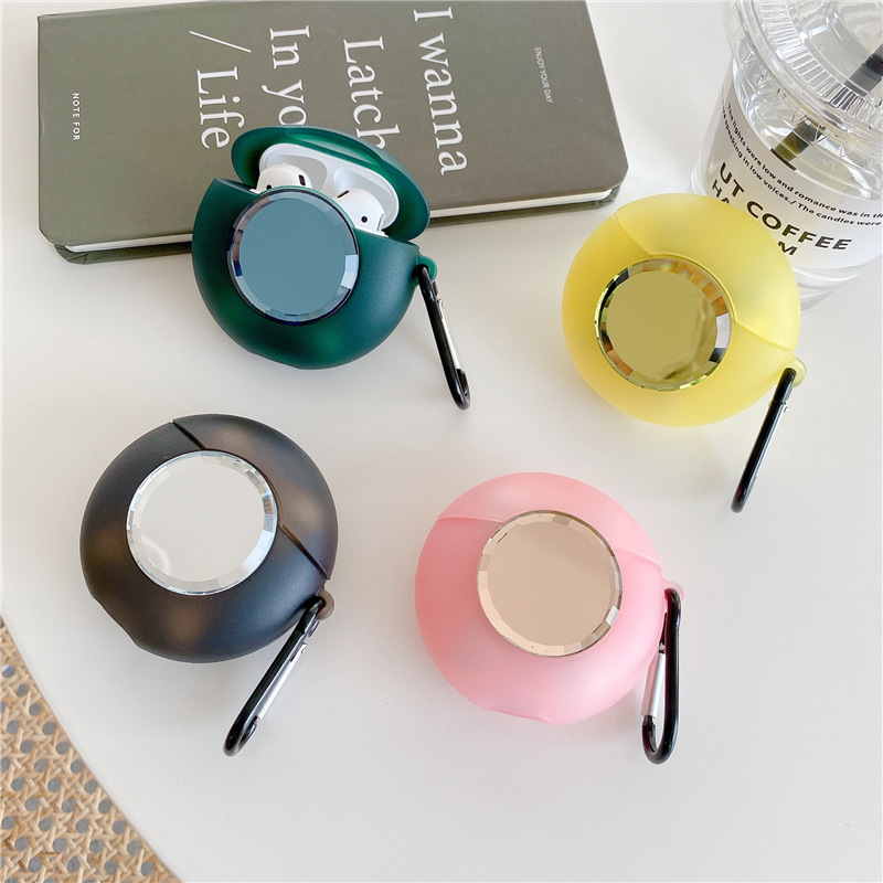For Airpods Case Cute for Girls Silicone Round Makeup Mirror Earphone Case For Airpods 1 2 Pro Protection Cover with Hook Fundas-image-662495941