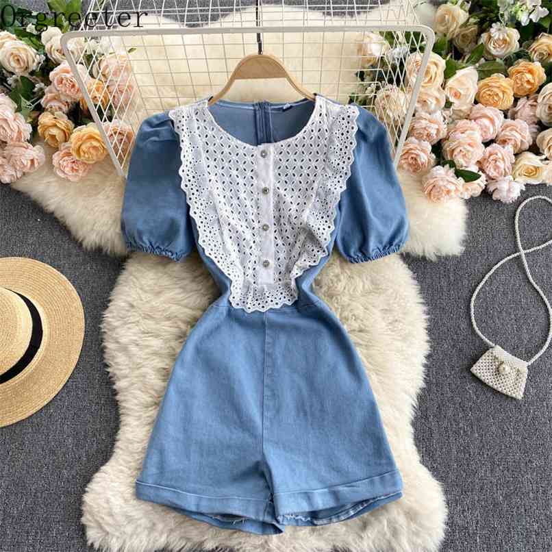 

Lace Hollow Out Patchwork Denim Romper Women's Summer Single Breasted Puff sleeve Short Jeans Jumpsuit & Playsuit Female 210602, Sky blue