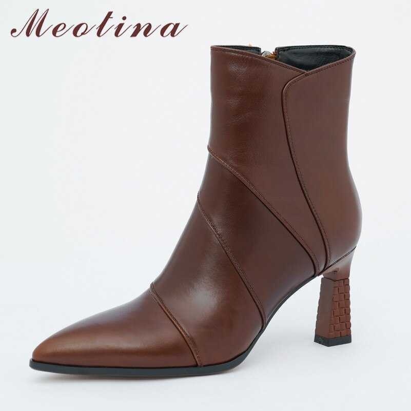 

Meotina High Heel Ankle Boots Genuine Leather Women Boots Stiletto Heel Shoes Zip Pointed Toe Short Boots Ladies Winter Black 41 210608