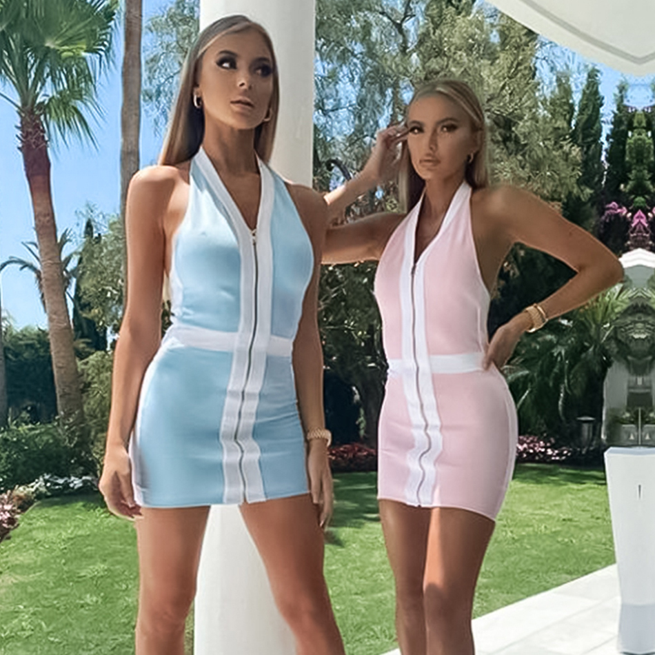 

Adyce 2021 New Summer Halter Sleeveless V Ne Patchwork Club Bandage Dress Sexy Baless Celebrity Runway Party Bodycon Dresses, Blue bandage dress