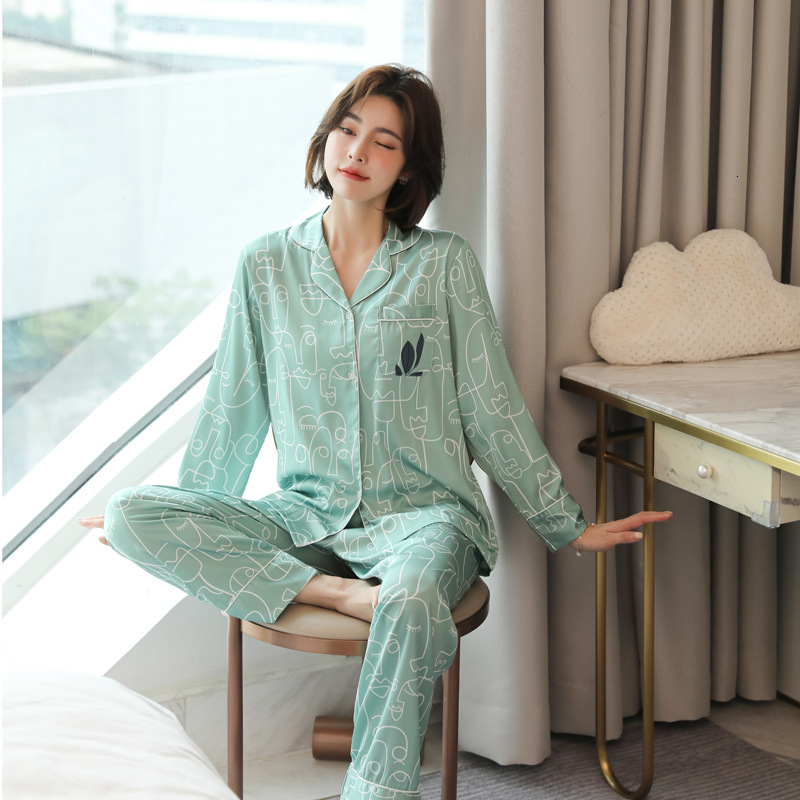 

Young Lady 2pcs Pajamas Spring Suit Closing His Neck Shirt & Twinkle Nightwear Turkey Printing Fresh Green Housework Iclg