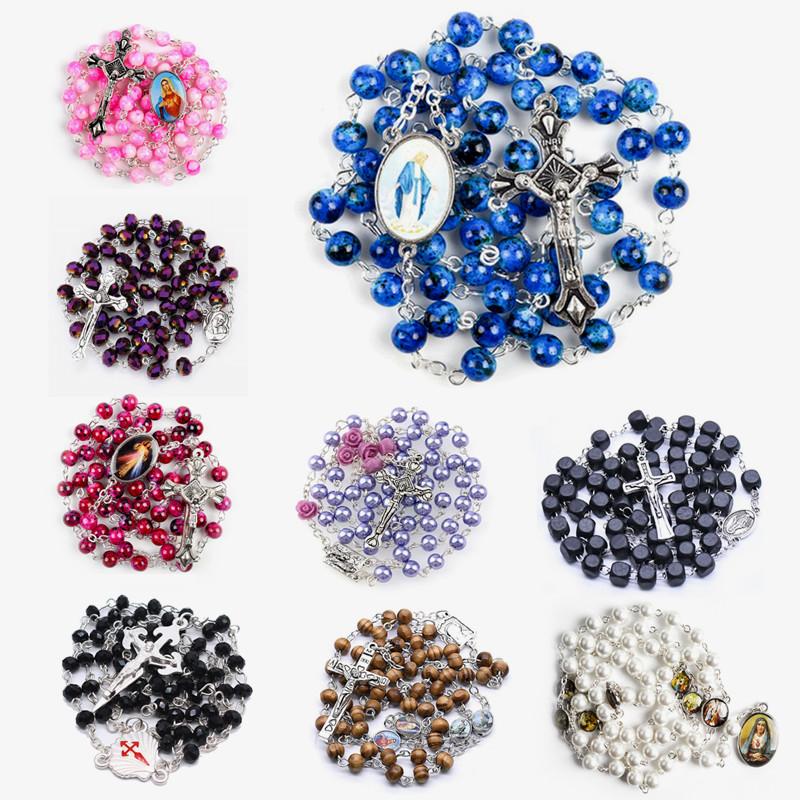 

Pendant Necklaces 14 Style Vintage Round Bead Prayer Rosary Necklace Virgin Mary Jesus Stylish Catholic Religious Cross Women's Jewellery