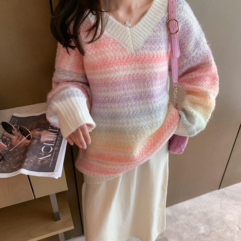 

2021 New Casual Raiow Women Sweet Striped Knitted Pullover Female Kawaii Patchwork Sweater Autumn Winter Woman Xhaa, Pink