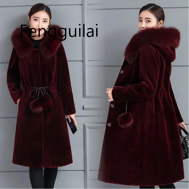 

Women's Fur & Faux Winter Women Long Coat Warm Ladies Jacket High Quality Water Velvet Hooded Black Sheepskin