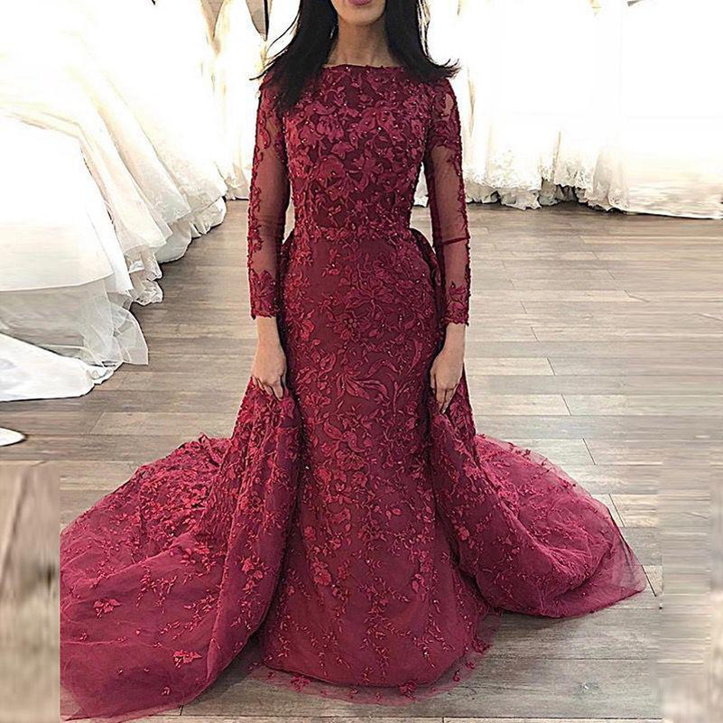 

Custom Made Arabic Long Sleeves Mermaid Lace Evening Dresses with Detachable Train Appliques Jewel Neck Formal Prom Party Gowns, White