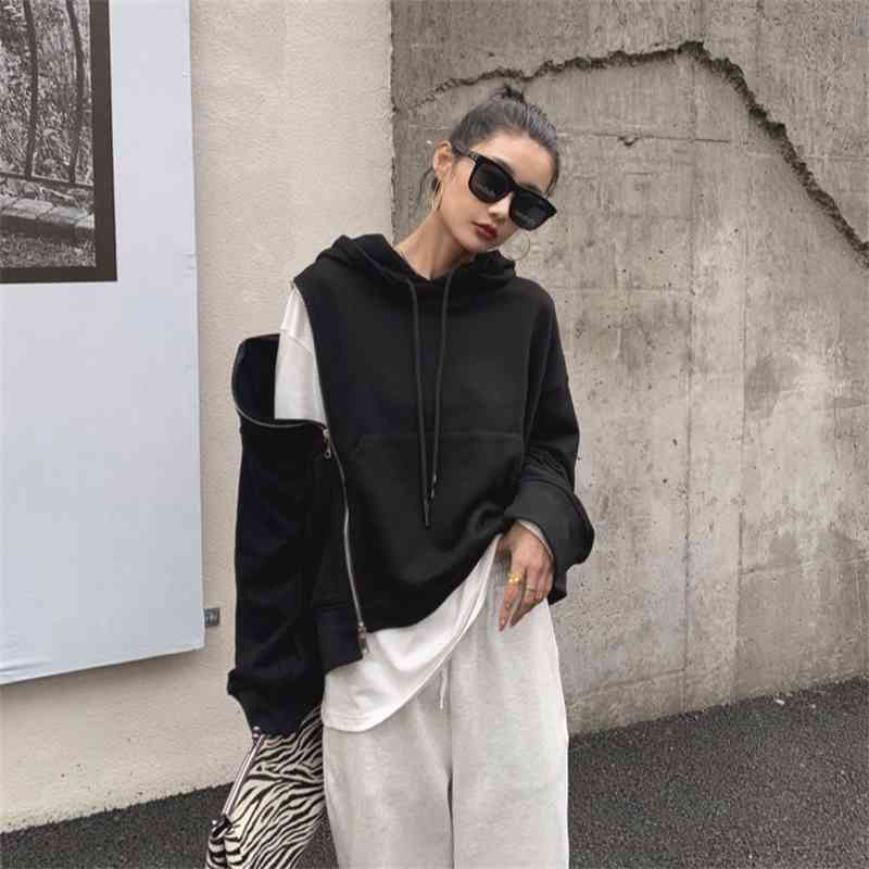 

Loose hooded sweater women's 2021 autumn winter new Korean lazy off shoulder personalized zipper coat, Black
