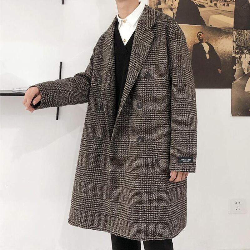 

2021 New Winter Thick Plaid Men' Fashion Casual Long Coat Men Streetwear Loose Korean Woolen Jacket Mens Overcoat Usiw, Kagge