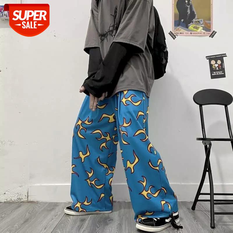 

Pants couple INS Harajuku Blue Flame Leggings Straight Pants Loose High Waist Draping Wide Leg Sports Autumn/Winter #Vn16, Black;white
