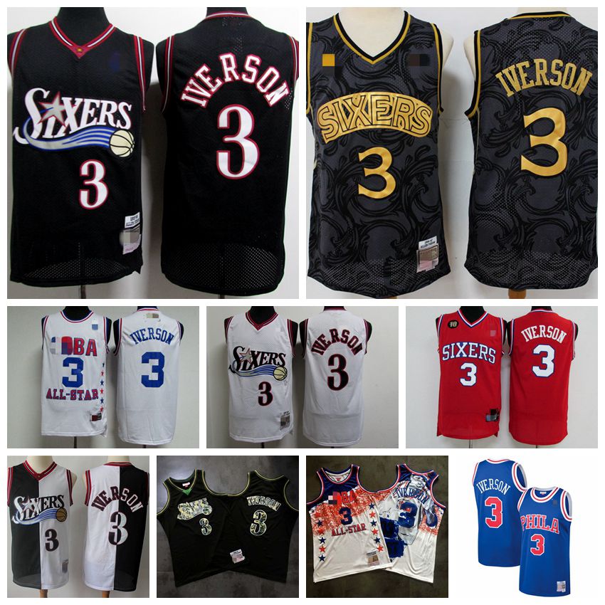 

Men stitched Vintage Mitchell & Ness basketball Jerseys Authentic Mens Allen 3 Iverson Hardwoods Classics retro Black White Red, As photo