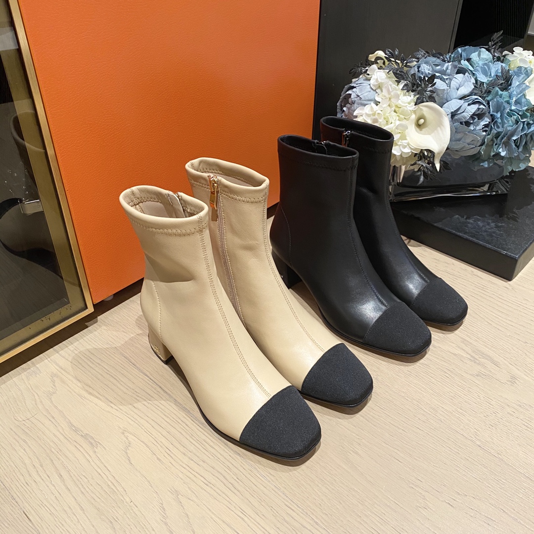 

Designer top quality women's mid heel ankle boots fashion Color matching black and white zipper high heels winter Martin Knight boot with box