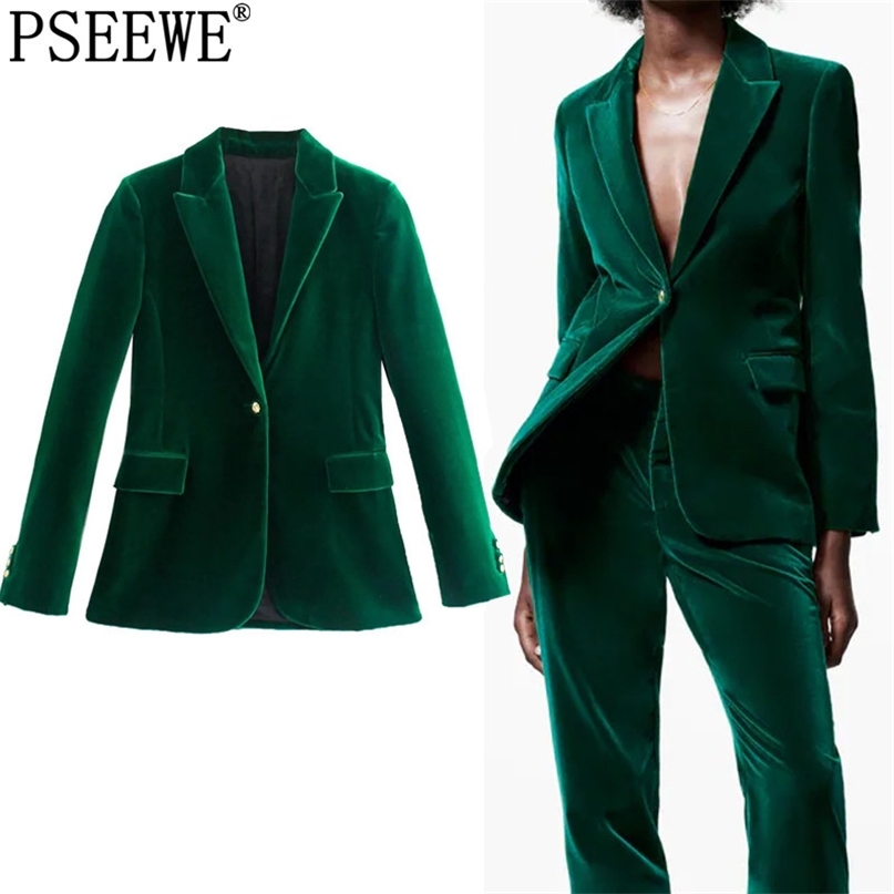 

Za Green Velvet Blazer Women Vintage Elegant Female Long Sleeve Button Jacket Woman Office Suit Autumn 211019, Velvet pants