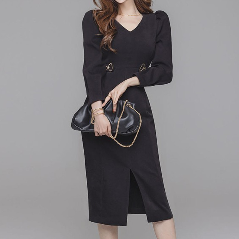 

ZAWFL Autumn Korean Style Sexy Patchwork Eegant Dress Women V Neck Waist Dresses Long Swing Vestido 210525, Picture color