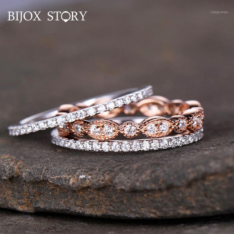 

Cluster Rings BIJOX STORY Ring 925 Silver Jewelry With Zircon Gemstone Fashion 3 In 1 Set For Women Wedding Engagement Banquet Party, Golden;silver