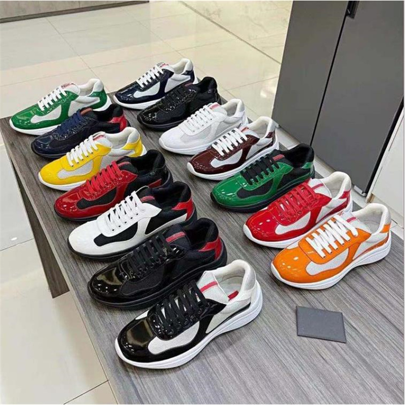 

Men America Cup Sneakers Top Yellow Patent Leather Boots Shoes Flat Trainers Black White Mesh Breathable Nylon Designer Casual Shoe Big Size, As pics
