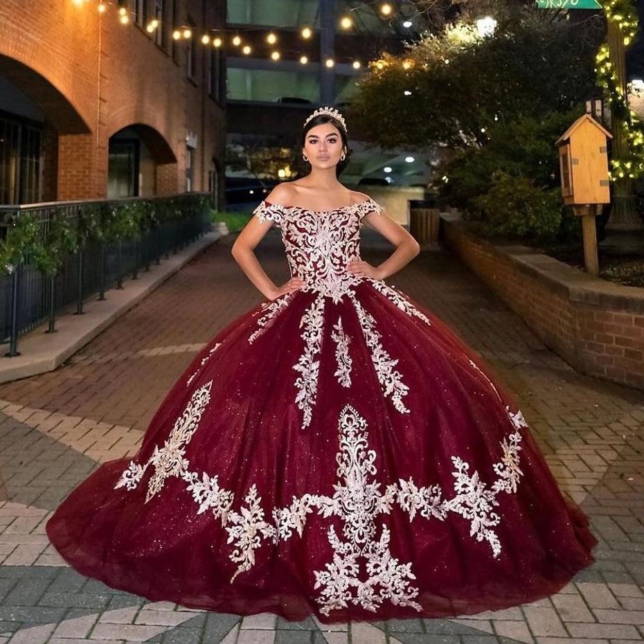 

Burgundy 2022 Sequined Ball Gown Quinceanera Dresses Lace Appliqued Off The Shoulder Prom Gowns Sweep Train Tulle Sweet 15 Masquerade Dress, Yellow