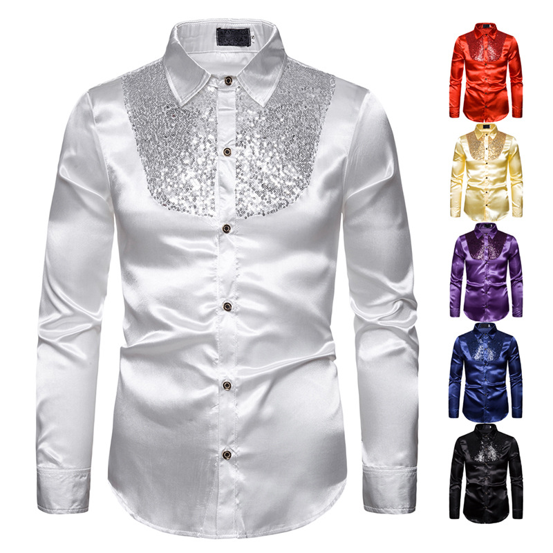 

Fashion Men's Shirts Sequin Design Performance Nightclub Lapel Long Sleeve Shirt