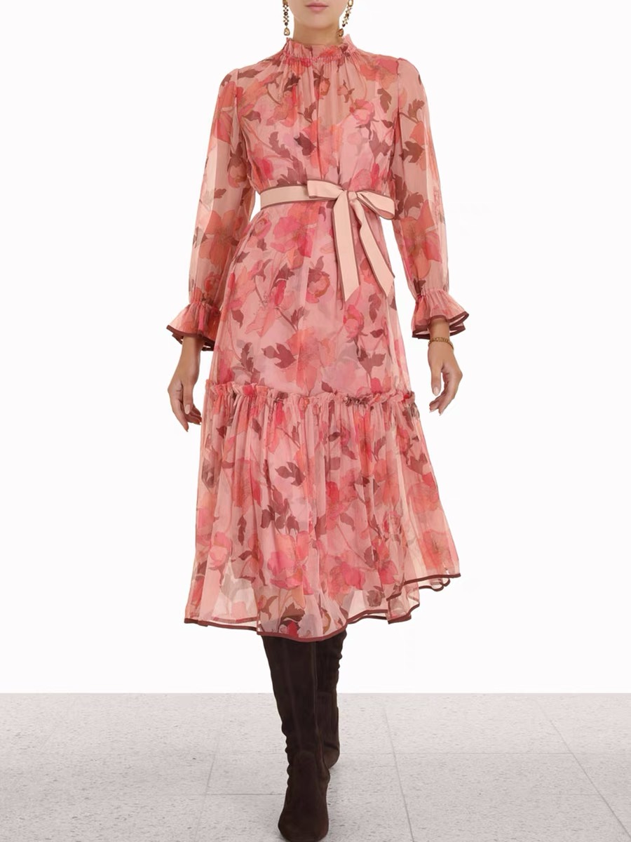 

Milan town European 2021 French high end stand collar waist lace up trumpet sleeve pink print dress, Multi