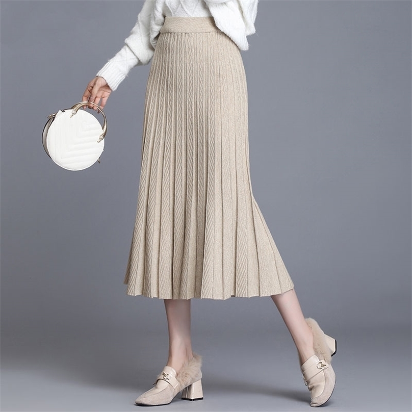 

Autumn Winter Knitted Skirt Women Elastic High Waist Thick Knitting Cotton A Line Long Female Ruched Folds 211109, Green