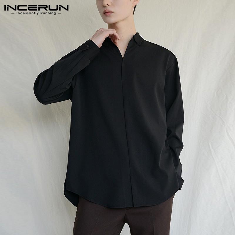 

Men Shirt Brand Streetwear Long Sleeve V Neck Casual Fashion Dress Shirts 2021 Solid Color Chic Korean Camisa Masculina INCERUN, Black