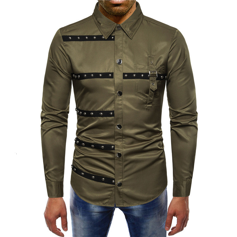 

2021 Mens Button Up Vintage Rivet Stripe Lapel Collared Long Sleeve Slim Shirts Streetwear Man Gothic Evening Shirt Dpjy, Red wine