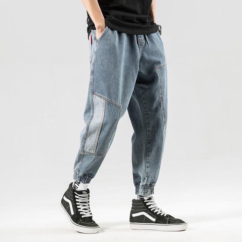 

2021 New Men's Baggy Homme Casual Pants Cargo Pocket Wash Jeans Waist Elastic Split Joint Biker Denim Loose Blue Color Trousers Xqol